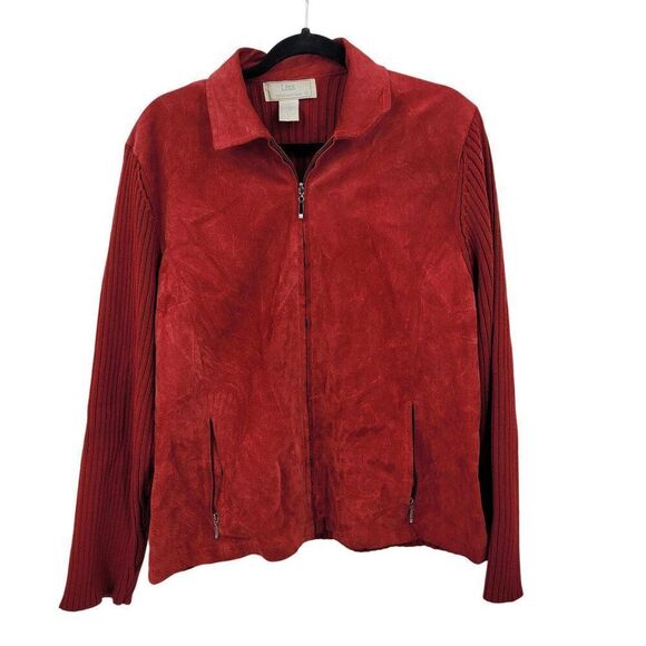 Vtg Red Ribbed Knit Long Sleeve Suede Sweater Jacket Shacket Sz L Cardigan Zip - Picture 11 of 11